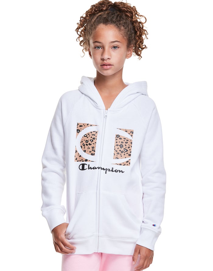 Champion Girls Hoodie NZ - Fleece Raglan Full Zip Leopard Knockout Logo White ( 0572-EYXRQ )